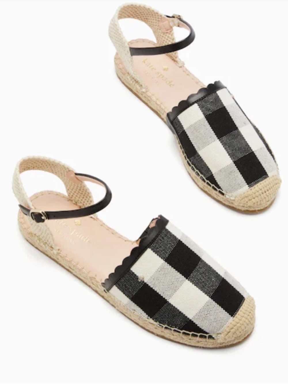 Kate Spade Sz 8 Buffalo Plaid Espadrille Flats Black White Gingham Ankle Strap